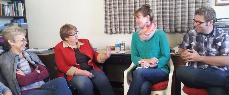 Pictured above; The Treasure Valley Team Below:  Jan Nelson (left), Ontario, and her friend Julie Hudson, Eugene, visiting with Pastor Andrew & Amanda Sinift, Vale, during the Pray Oregon Fall Tour